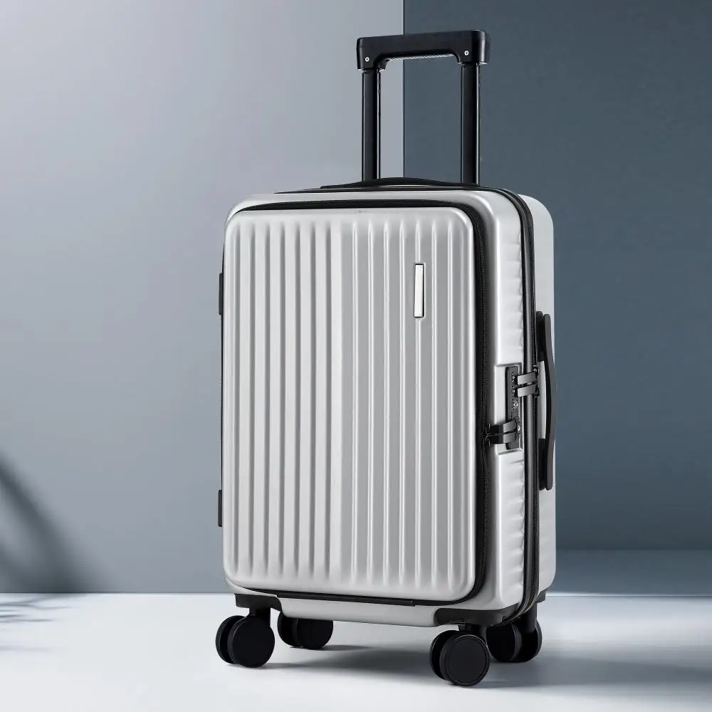 20 Inch Silver Carry On Luggage Suitcase with Front Pocket Dual TSA Lock Lightweight Travel Hard Shell Spinner Cabin Bag