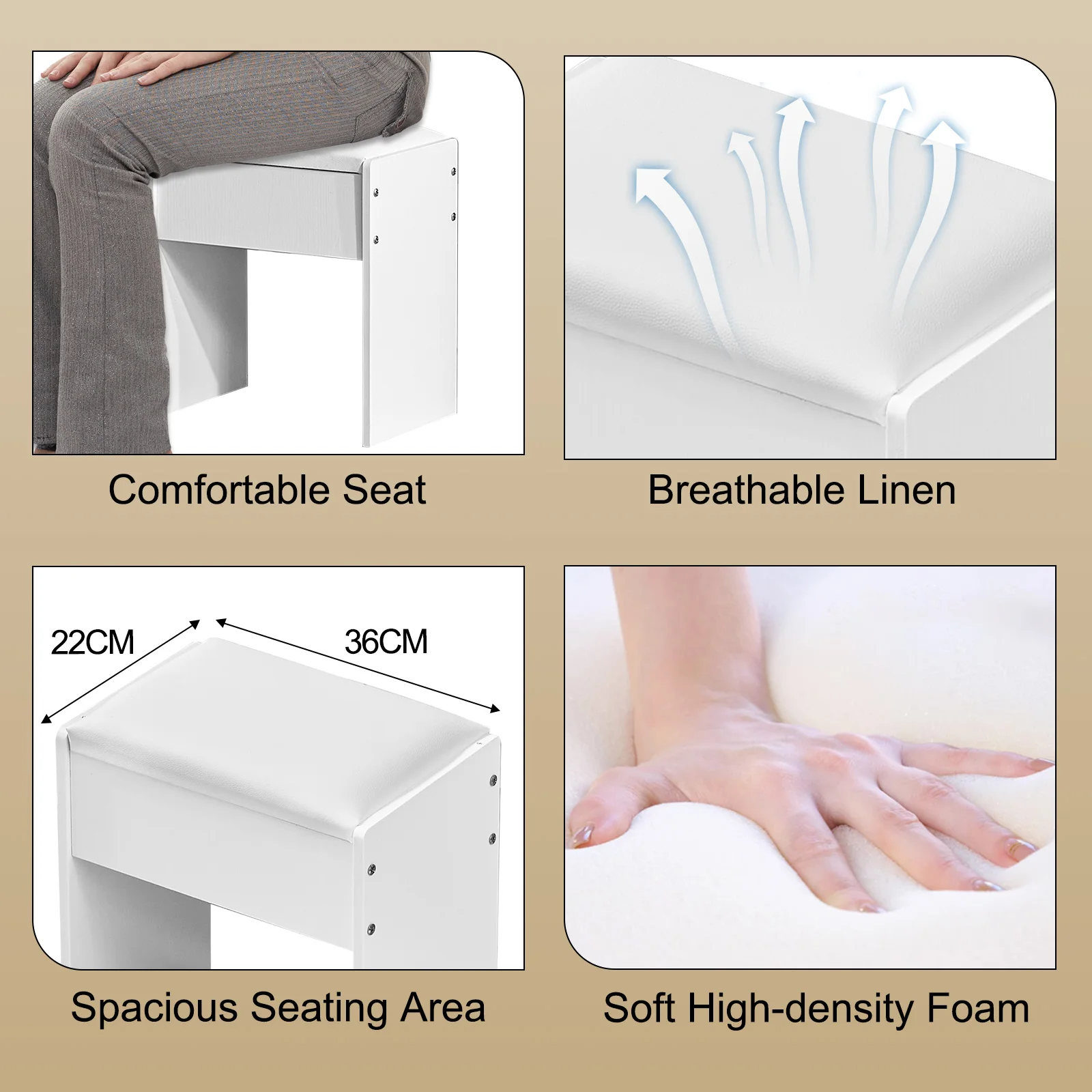 Small Vanity Stool with Cushion, White Makeup Vanity Chair for Small Spaces, Living Room, Bedroom, Bathroom, Entryway, Ottoman Foot Rest for Couch Modern Chairs