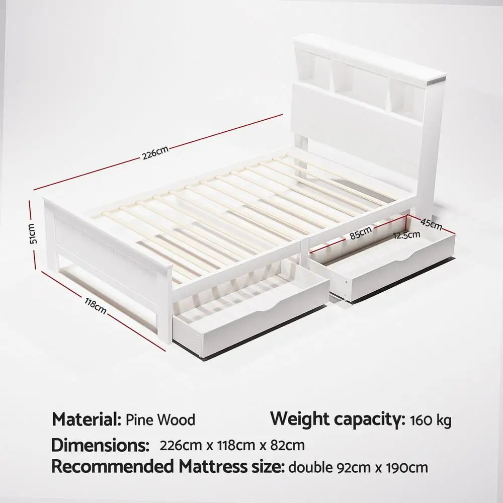 King Single Wooden Bed Frame with 2 Storage Drawers White Space Saving Bedroom Platform Bed Base