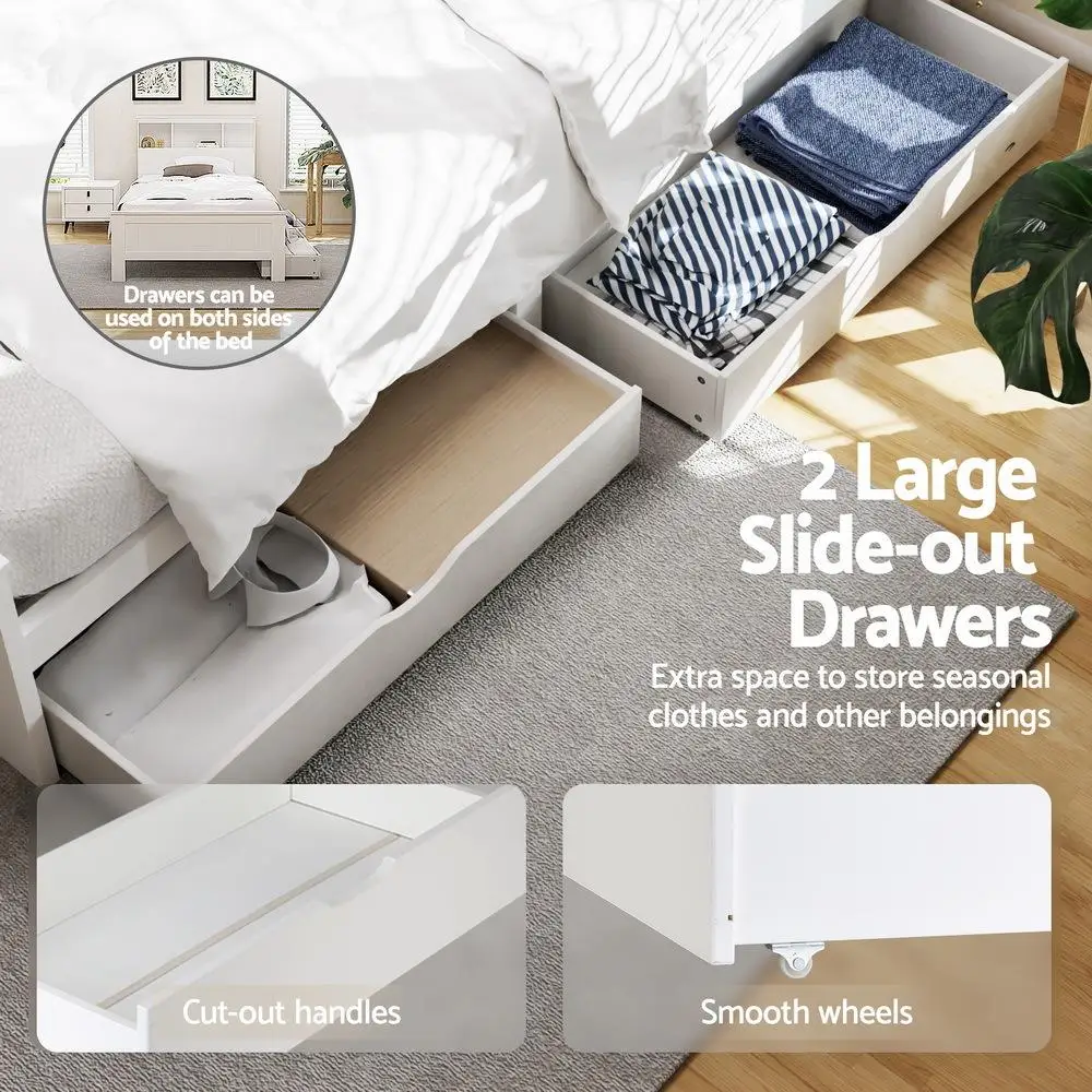 King Single Wooden Bed Frame with 2 Storage Drawers White Space Saving Bedroom Platform Bed Base