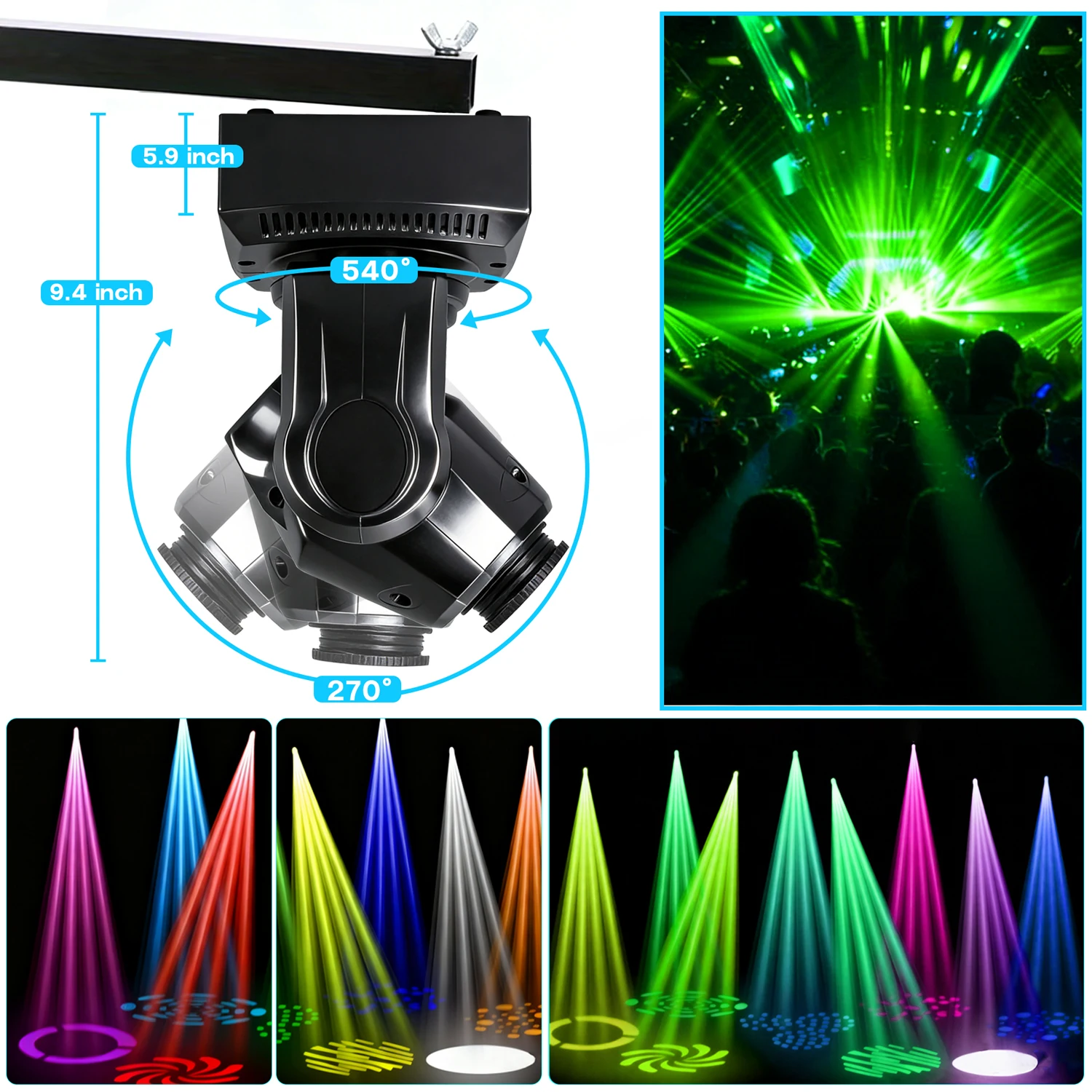 60W LED Moving Head Light with Hook, RGBW Color Mixing, 8 Modes and 8 Colors, DMX512 and Voice Control, Suitable for DJ, Disco, Club, Wedding, KTV, Bar, Stage Party Lighting - Compact Spotlight Suitable for Dance Floors, mini Pattern Projectors, Club Stag