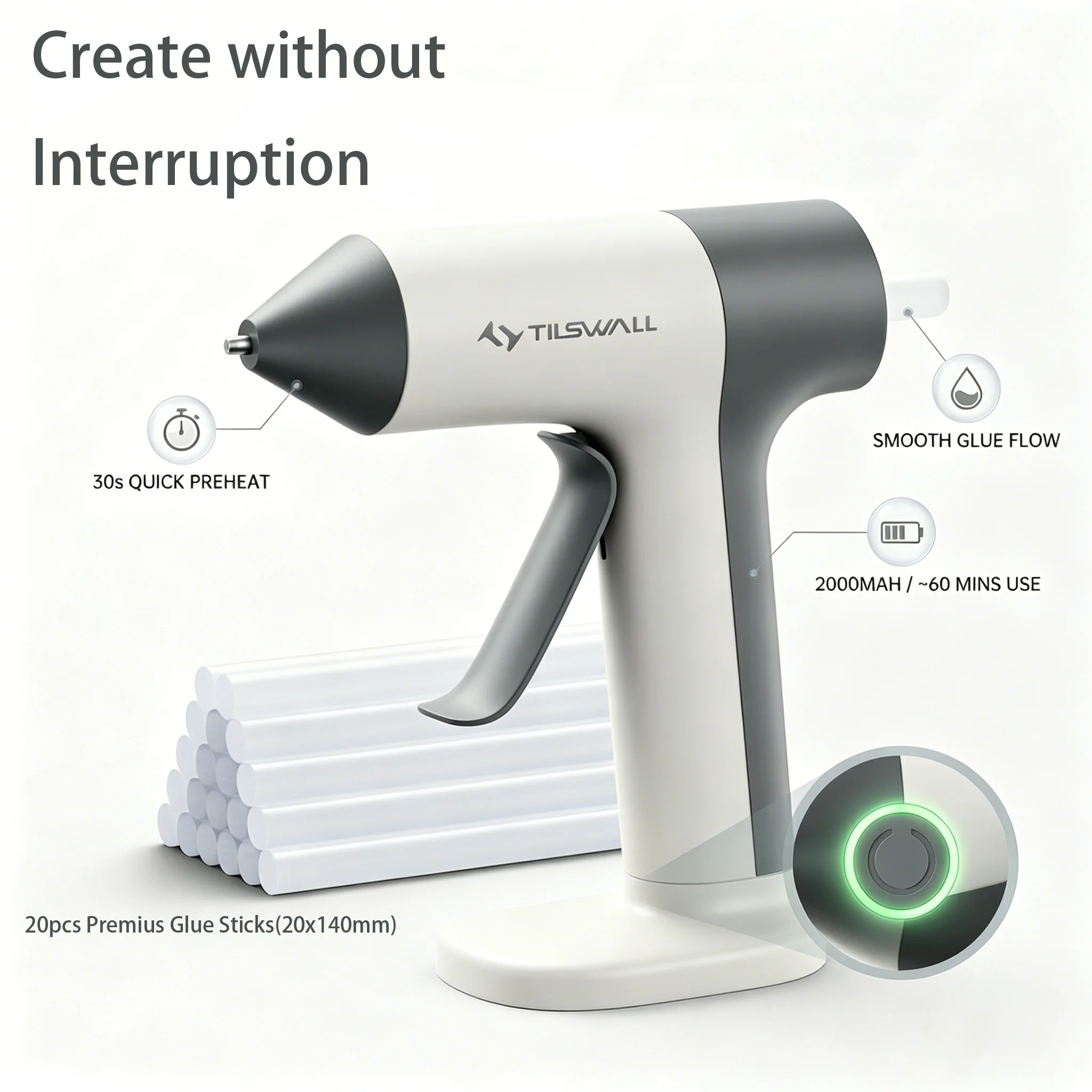 Wireless Hot Glue Gun Quick Preheating Mini Hot Glue Gun With Built-In 2000 mAh Battery 20 Premium Glue Sticks (7 X 140 mm) Mini Hot Glue Gun For Crafts DIY