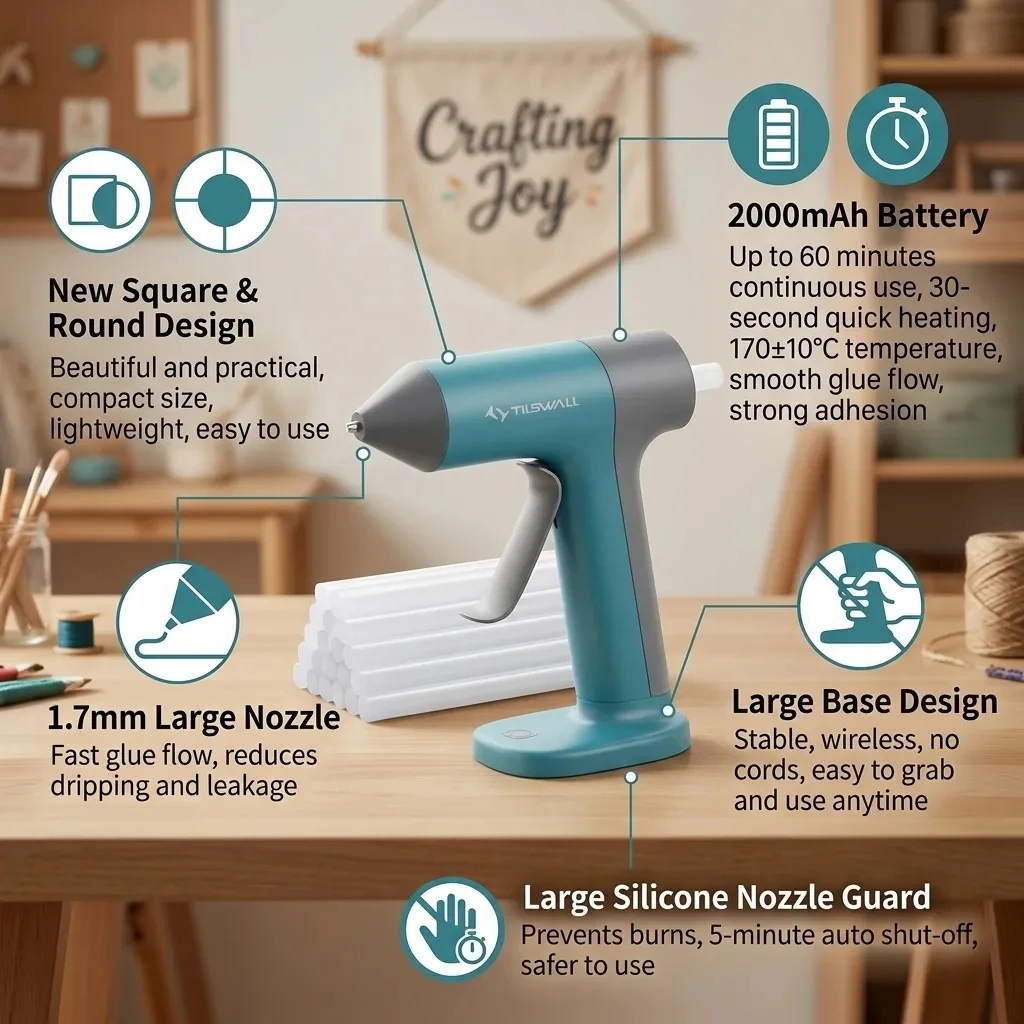 Wireless Hot Glue Gun Quick Preheating Mini Hot Glue Gun With Built-In 2000 mAh Battery 20 Premium Glue Sticks (7 X 140 mm) Mini Hot Glue Gun For Crafts DIY