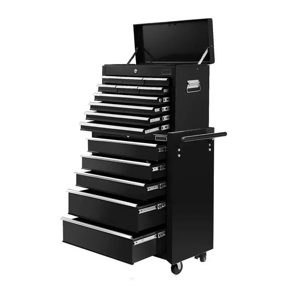 15 Drawer Rolling Tool Chest Trolley Toolbox 2 in 1 Black Steel Storage Cabinet With Lockable Wheels