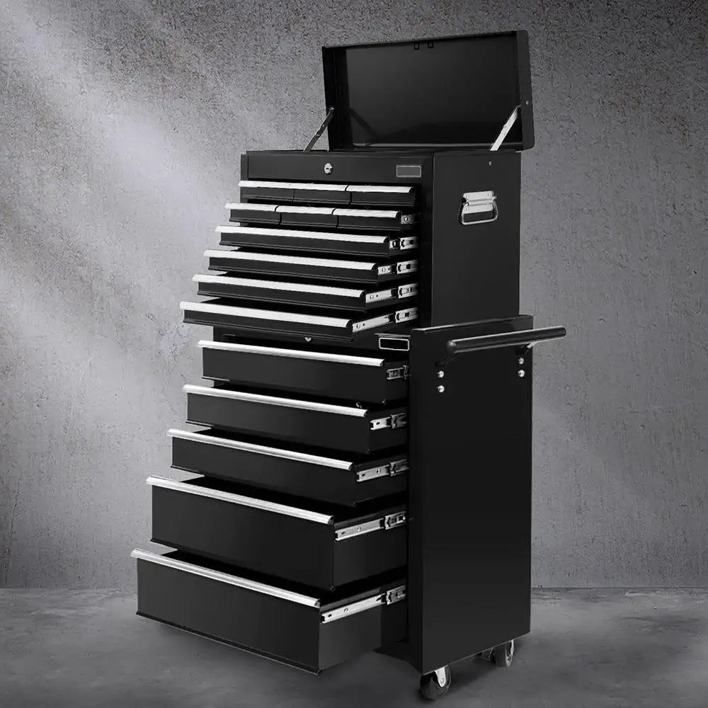 15 Drawer Rolling Tool Chest Trolley Toolbox 2 in 1 Black Steel Storage Cabinet With Lockable Wheels