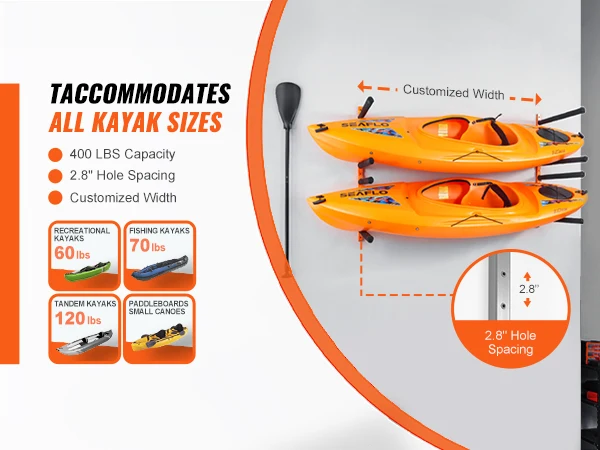 VEVOR Wall Kayak Storage Rack 4-Capacity for Kayak Canoe Hooks with Adjustable Padded Arms and 400 LBS Kayak Hanger for Garage