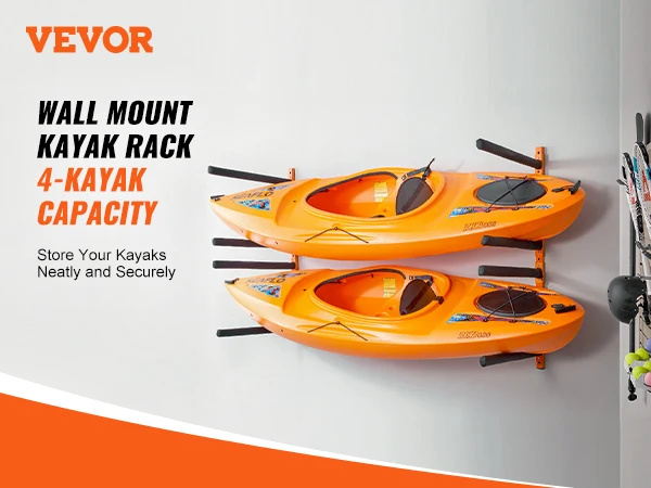 VEVOR Wall Kayak Storage Rack 4-Capacity for Kayak Canoe Hooks with Adjustable Padded Arms and 400 LBS Kayak Hanger for Garage