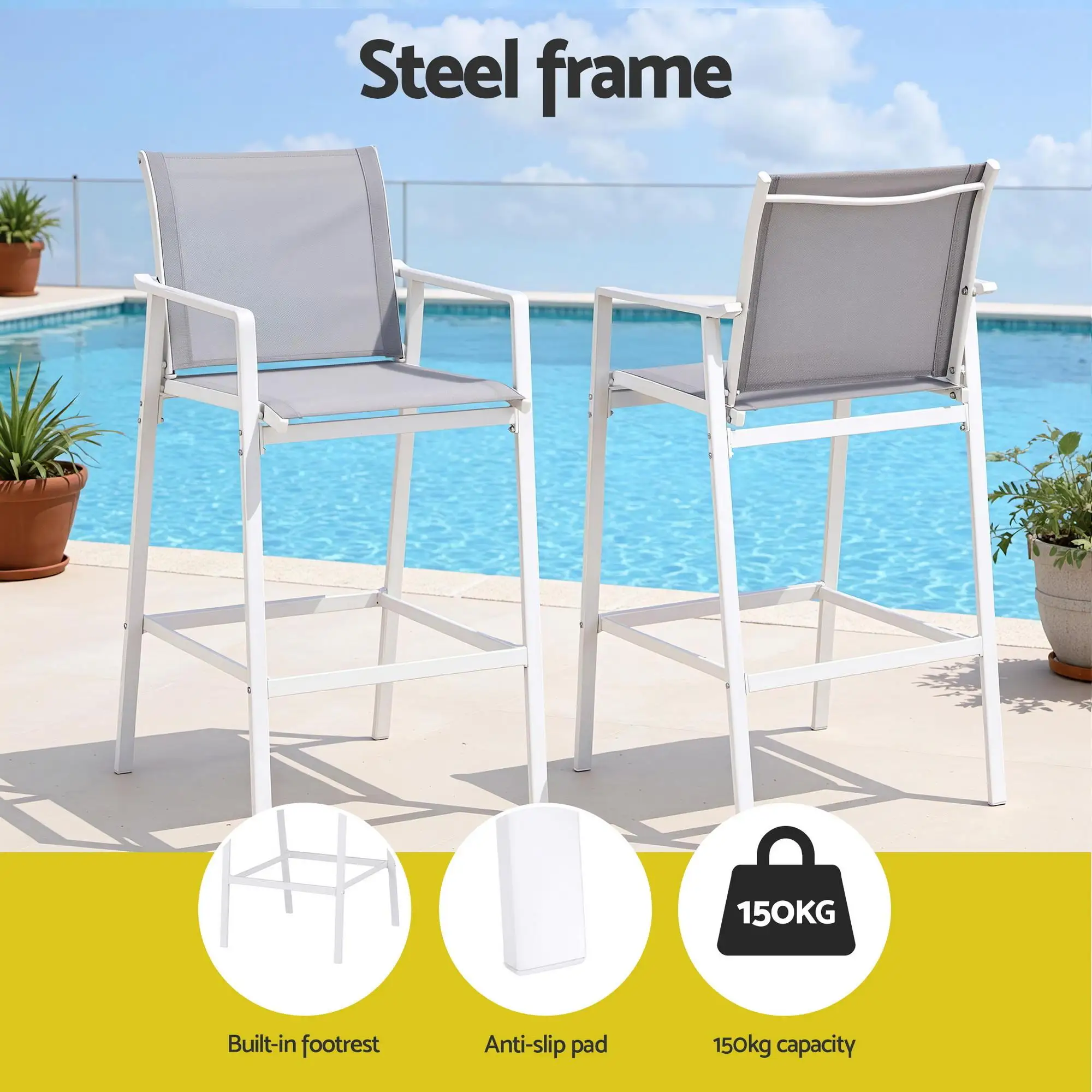 2PC Outdoor Patio Bar Stools Dining Chairs Steel Textilene White