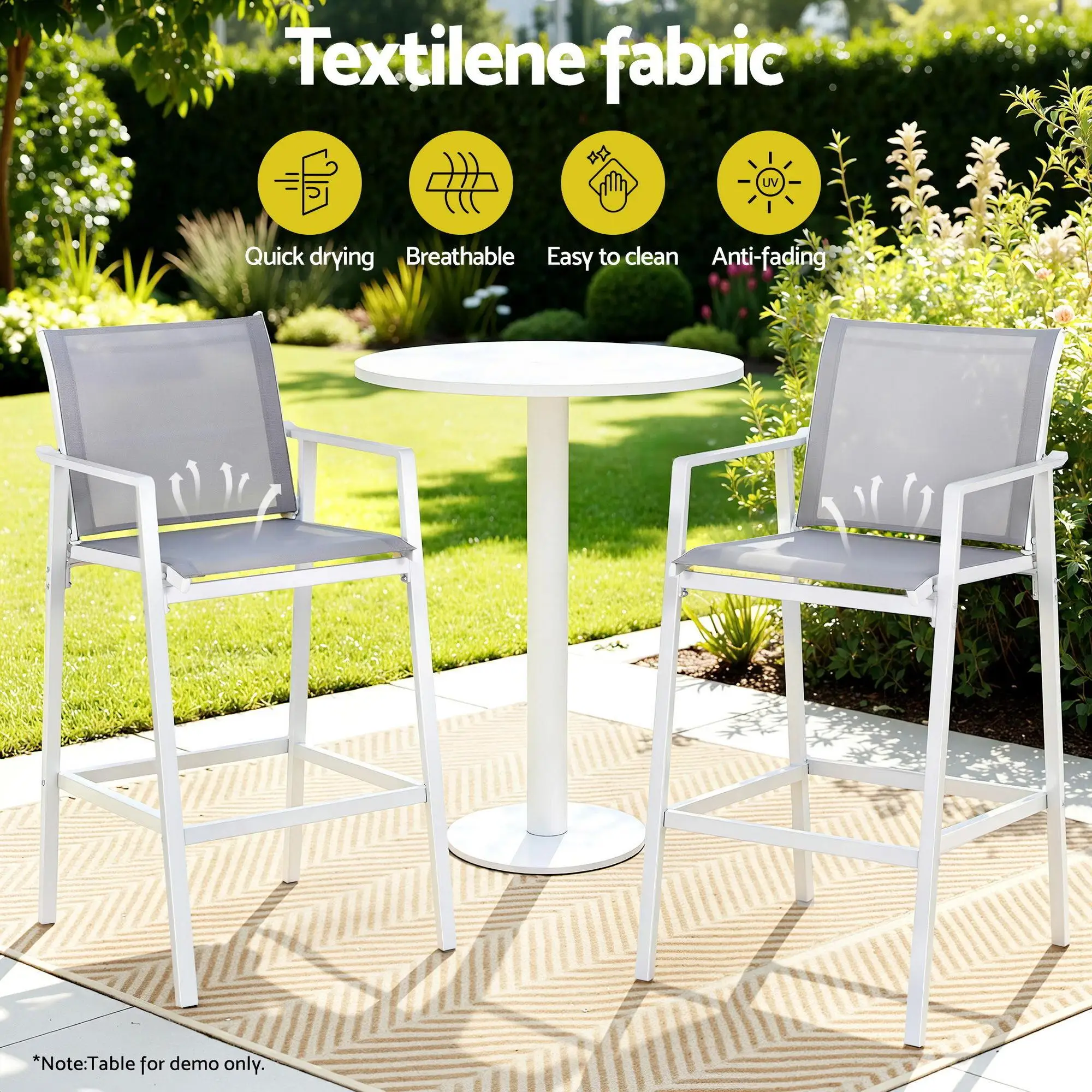 2PC Outdoor Patio Bar Stools Dining Chairs Steel Textilene White