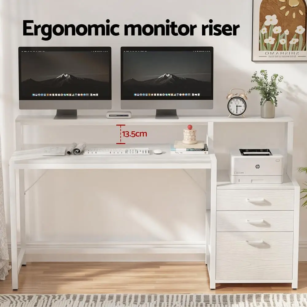 Modern White Computer Desk with Drawers and Open Shelf 160CM Home Office Study Table