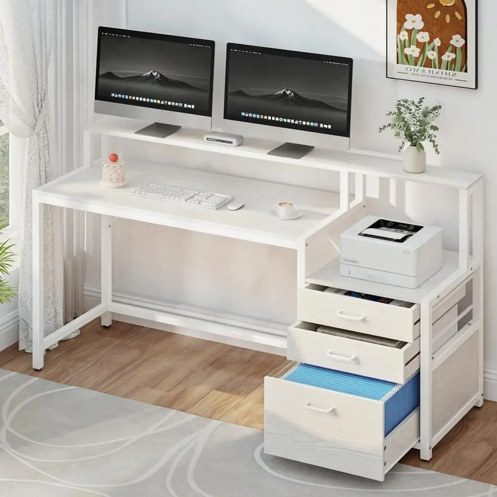 Modern White Computer Desk with Drawers and Open Shelf 160CM Home Office Study Table