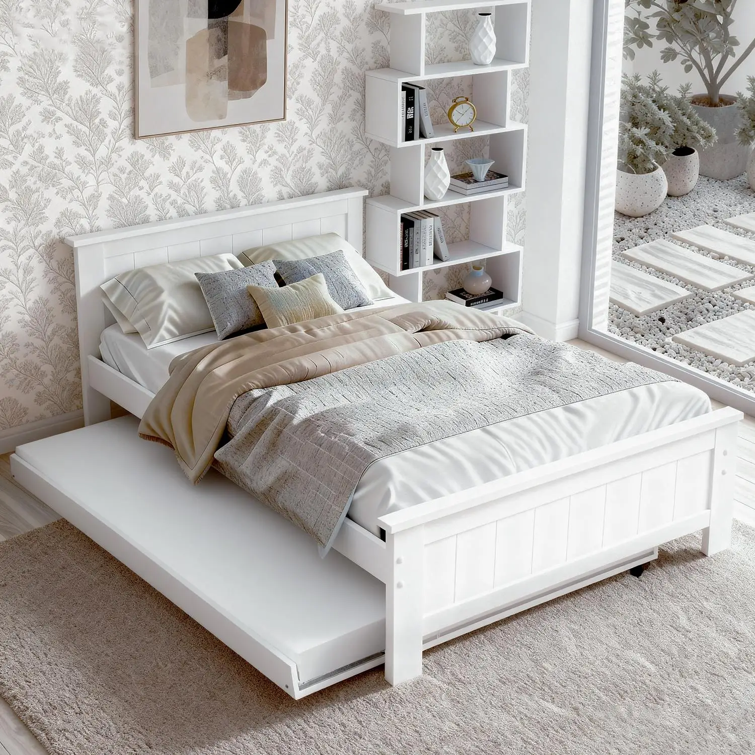 King Single Bed Frame with Integrated Bookshelf Wooden Platform Storage Bed for Bedroom Furniture Modern Space Saving Design