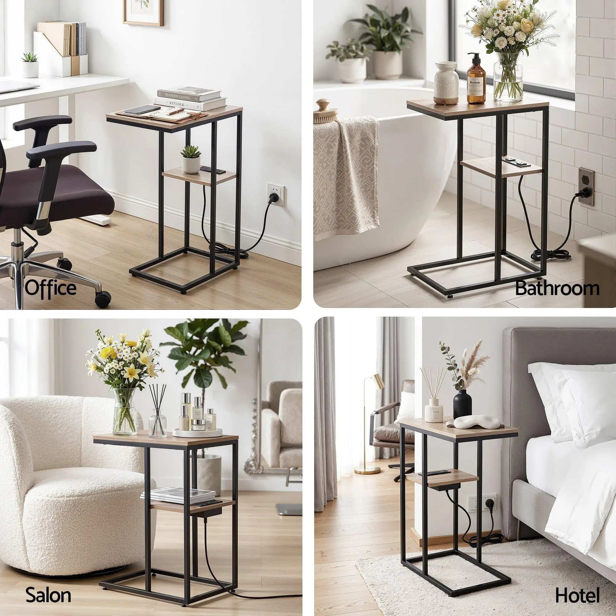 C Shaped 2 Tier End Table with Charging Station Side Coffee Table Bedside Wooden Storage Table
