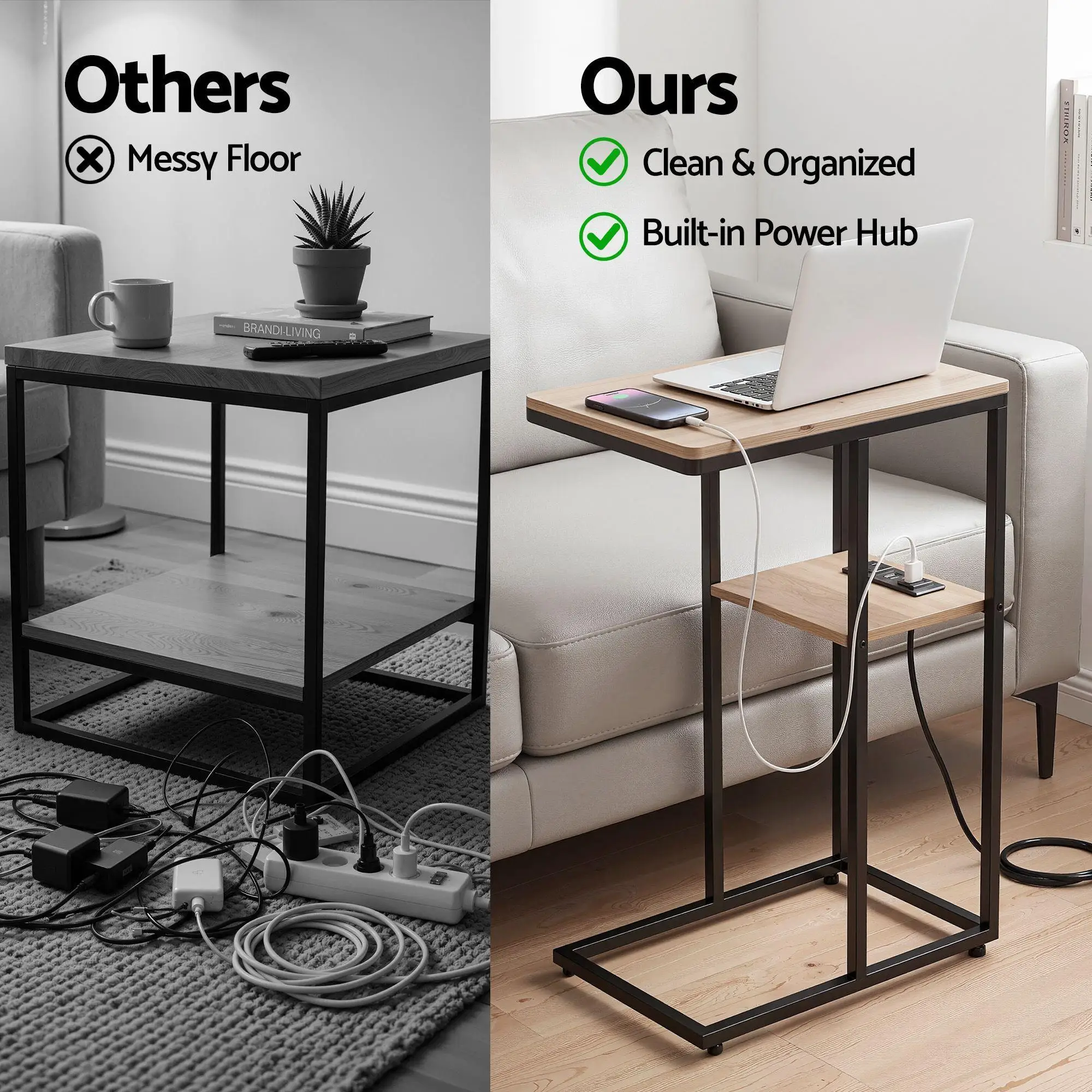 C Shaped 2 Tier End Table with Charging Station Side Coffee Table Bedside Wooden Storage Table