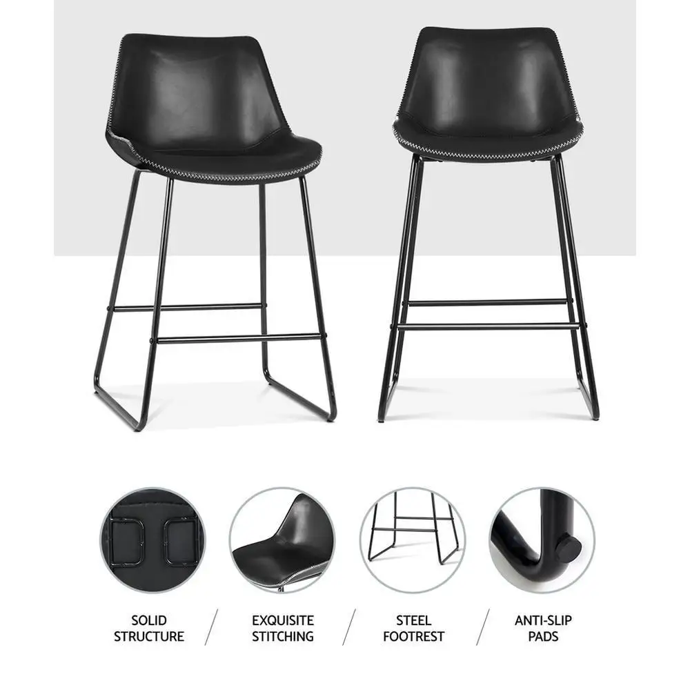 Set of 2 Black Leather Counter Height Bar Stools Metal Frame Kitchen Chairs