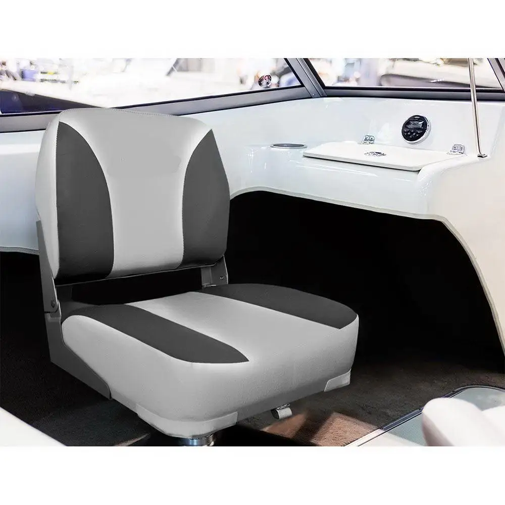 2X Folding Boat Seat Marine Swivel Low Back 13cm Thick Padding Charcoal Upholstery Comfort Durable Marine Seating