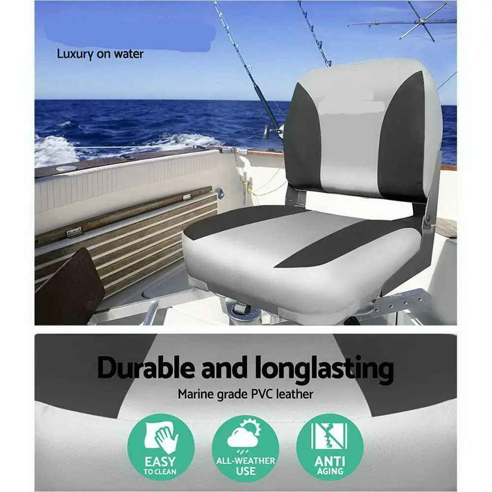 2X Folding Boat Seat Marine Swivel Low Back 13cm Thick Padding Charcoal Upholstery Comfort Durable Marine Seating