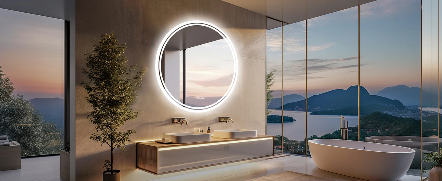 60/80cm Round LED Bathroom Mirror Wall Mounted Lighted Vanity Mirror 3 Colors Brightness Touch Anti-Fog Shatter-Proof