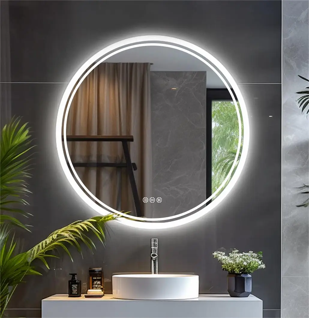 60/80cm Round LED Bathroom Mirror Wall Mounted Lighted Vanity Mirror 3 Colors Brightness Touch Anti-Fog Shatter-Proof