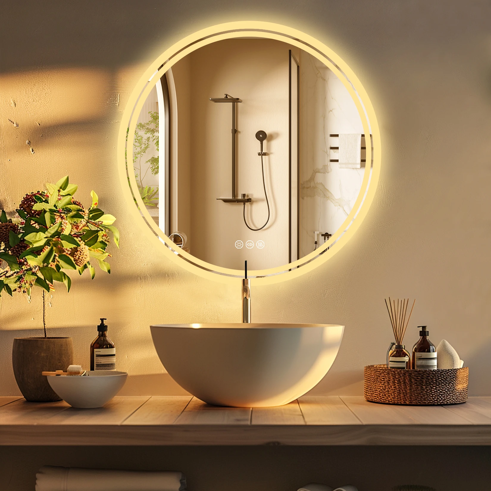60/80cm Round LED Bathroom Mirror Wall Mounted Lighted Vanity Mirror 3 Colors Brightness Touch Anti-Fog Shatter-Proof