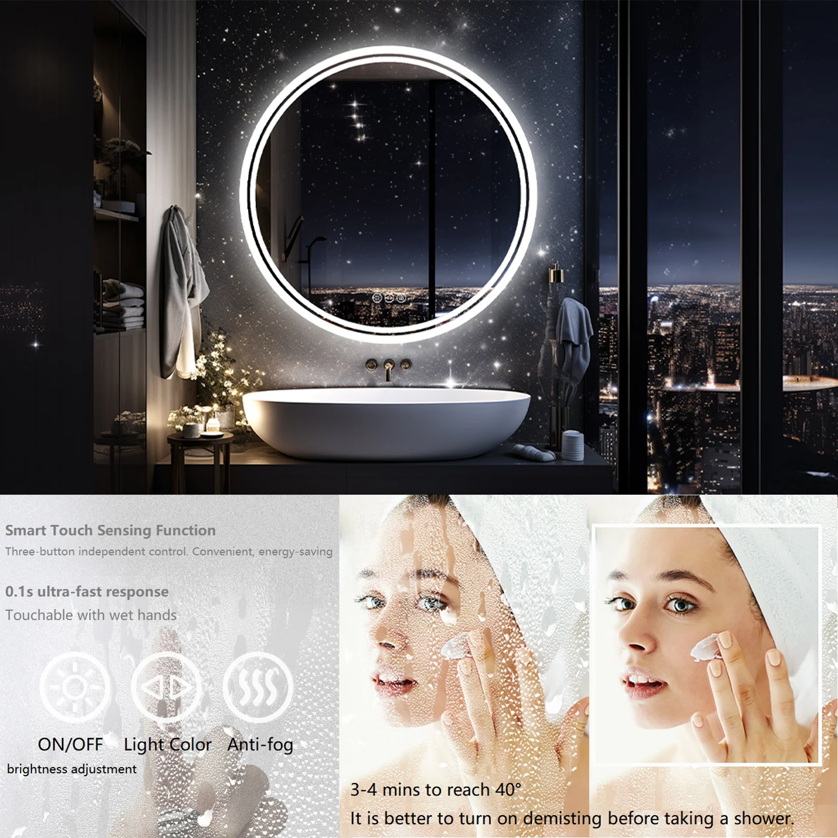 60/80cm Round LED Bathroom Mirror Wall Mounted Lighted Vanity Mirror 3 Colors Brightness Touch Anti-Fog Shatter-Proof