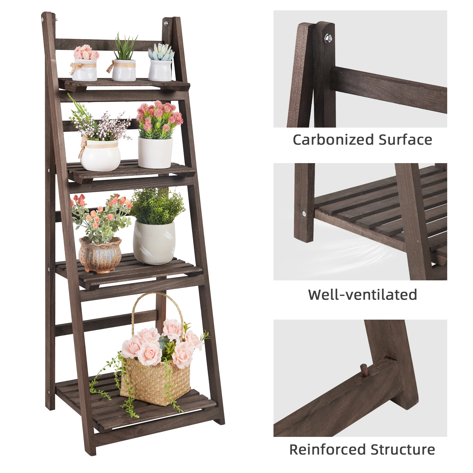 4 Tier Foldable Plant Stand Ladder Shelf Carbonized Paulownia Wood Flower Display Rack, No Assembly Vintage Corner Bookshelf Storage Organizer for Living Room Garden Balcony Patio (41x32.5x110cm)