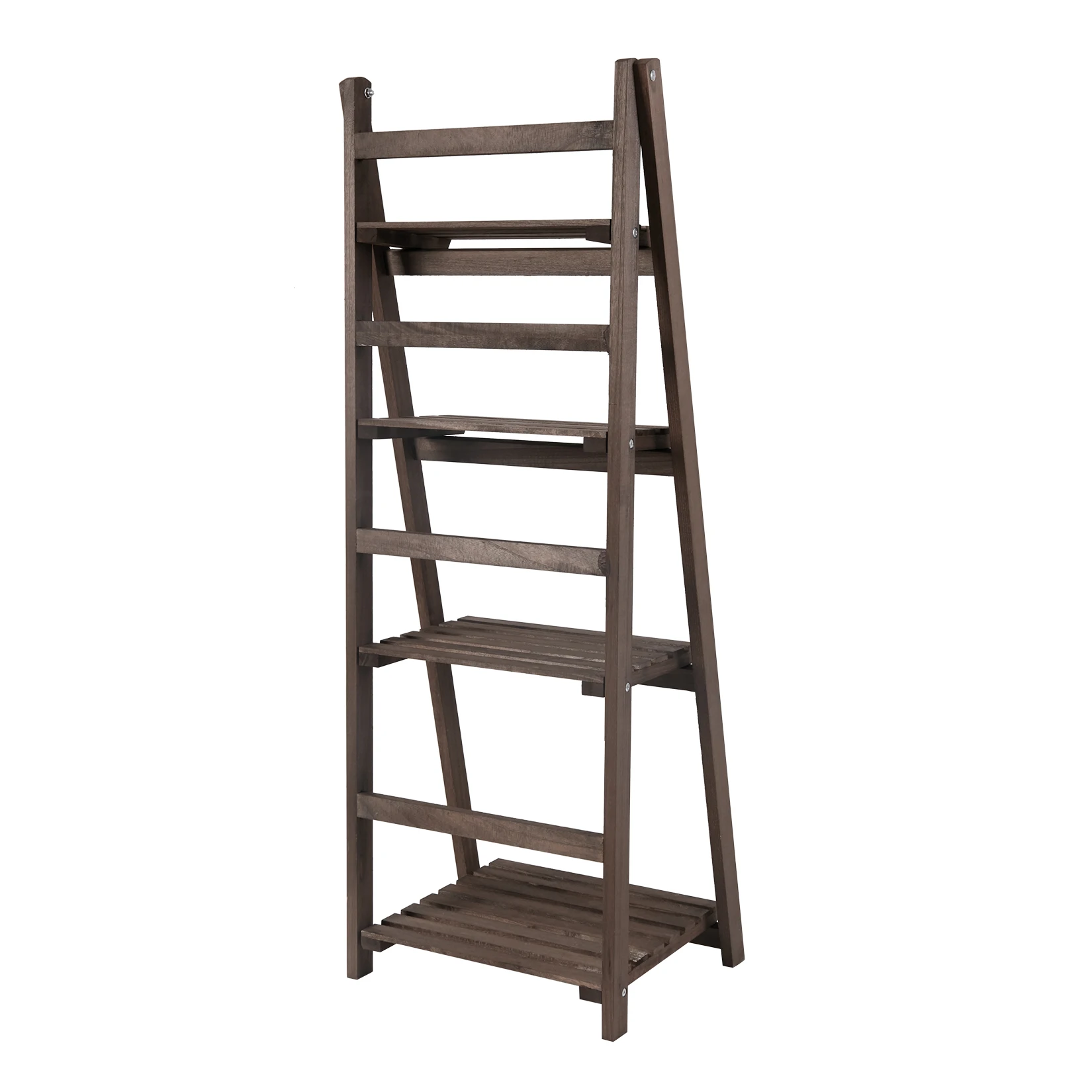 4 Tier Foldable Plant Stand Ladder Shelf Carbonized Paulownia Wood Flower Display Rack, No Assembly Vintage Corner Bookshelf Storage Organizer for Living Room Garden Balcony Patio (41x32.5x110cm)