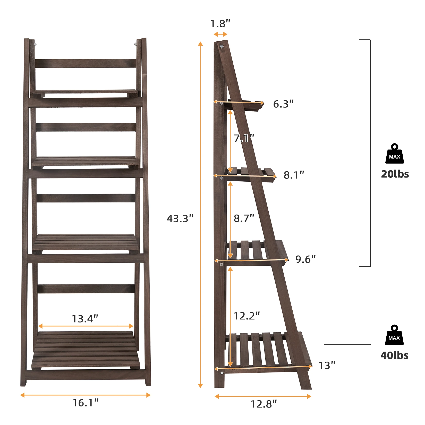 4 Tier Foldable Plant Stand Ladder Shelf Carbonized Paulownia Wood Flower Display Rack, No Assembly Vintage Corner Bookshelf Storage Organizer for Living Room Garden Balcony Patio (41x32.5x110cm)