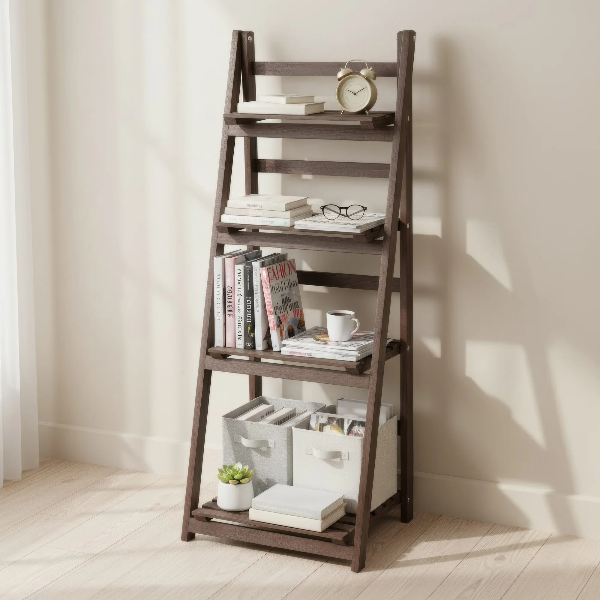 4 Tier Foldable Plant Stand Ladder Shelf Carbonized Paulownia Wood Flower Display Rack, No Assembly Vintage Corner Bookshelf Storage Organizer for Living Room Garden Balcony Patio (41x32.5x110cm)