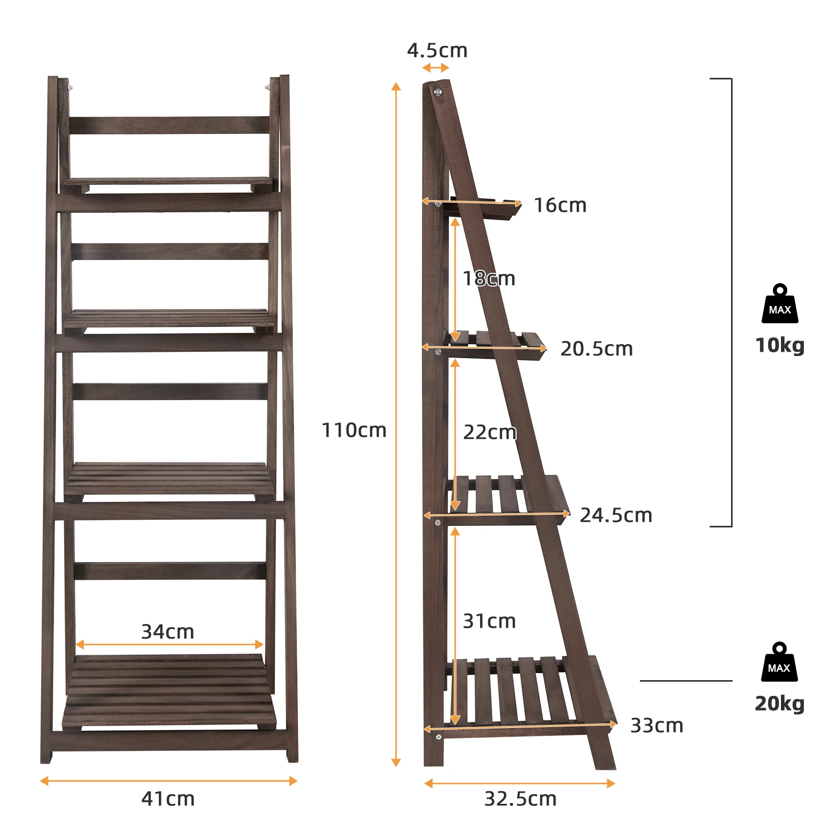 4 Tier Foldable Plant Stand Ladder Shelf Carbonized Paulownia Wood Flower Display Rack, No Assembly Vintage Corner Bookshelf Storage Organizer for Living Room Garden Balcony Patio (41x32.5x110cm)