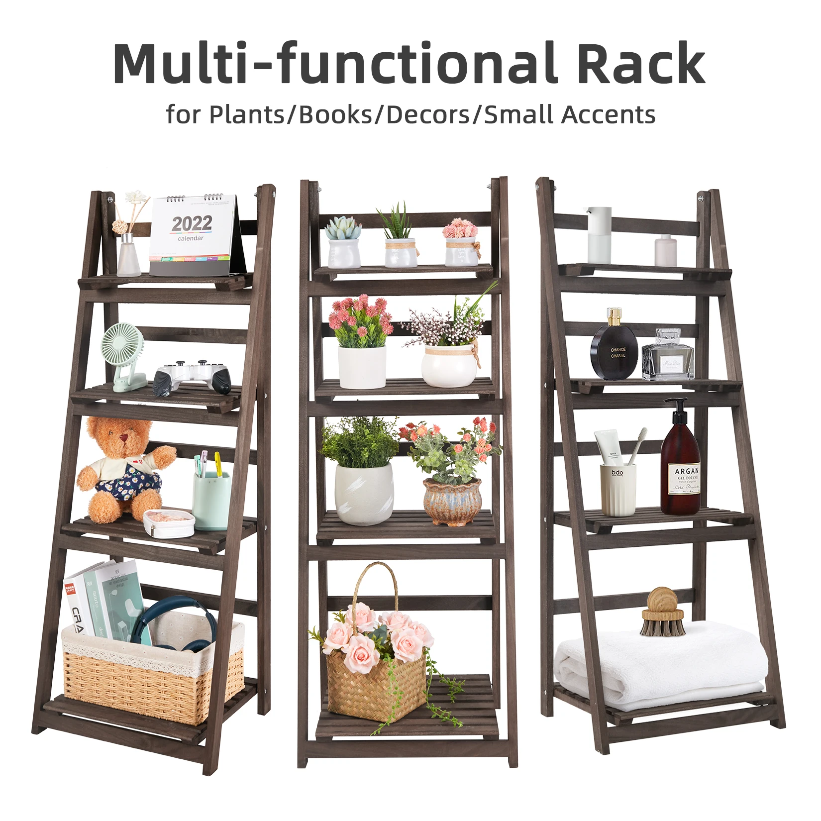 4 Tier Foldable Plant Stand Ladder Shelf Carbonized Paulownia Wood Flower Display Rack, No Assembly Vintage Corner Bookshelf Storage Organizer for Living Room Garden Balcony Patio (41x32.5x110cm)