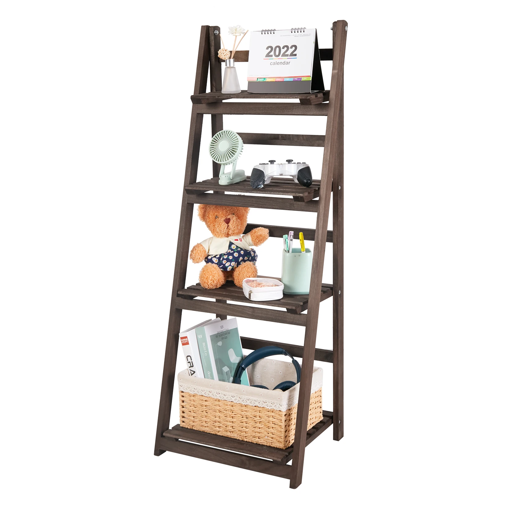 4 Tier Foldable Plant Stand Ladder Shelf Carbonized Paulownia Wood Flower Display Rack, No Assembly Vintage Corner Bookshelf Storage Organizer for Living Room Garden Balcony Patio (41x32.5x110cm)