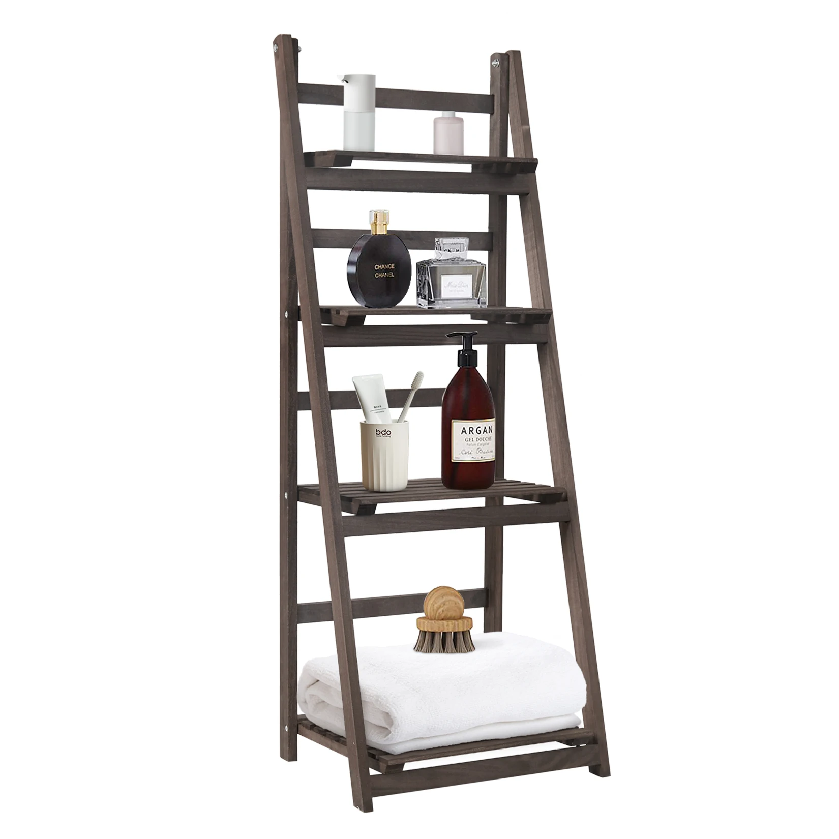 4 Tier Foldable Plant Stand Ladder Shelf Carbonized Paulownia Wood Flower Display Rack, No Assembly Vintage Corner Bookshelf Storage Organizer for Living Room Garden Balcony Patio (41x32.5x110cm)