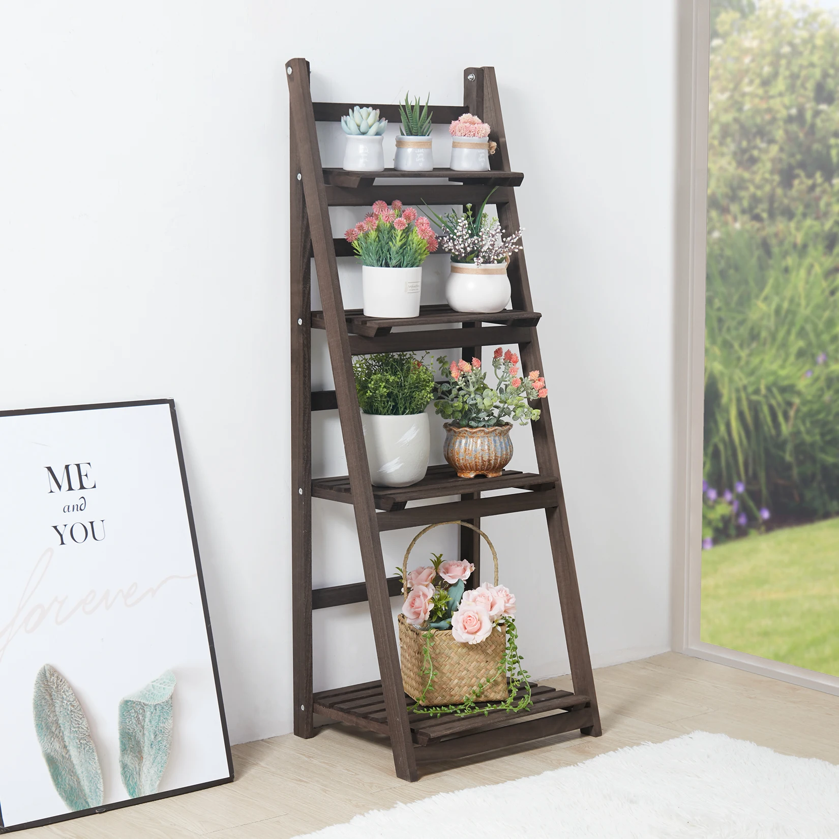 4 Tier Foldable Plant Stand Ladder Shelf Carbonized Paulownia Wood Flower Display Rack, No Assembly Vintage Corner Bookshelf Storage Organizer for Living Room Garden Balcony Patio (41x32.5x110cm)