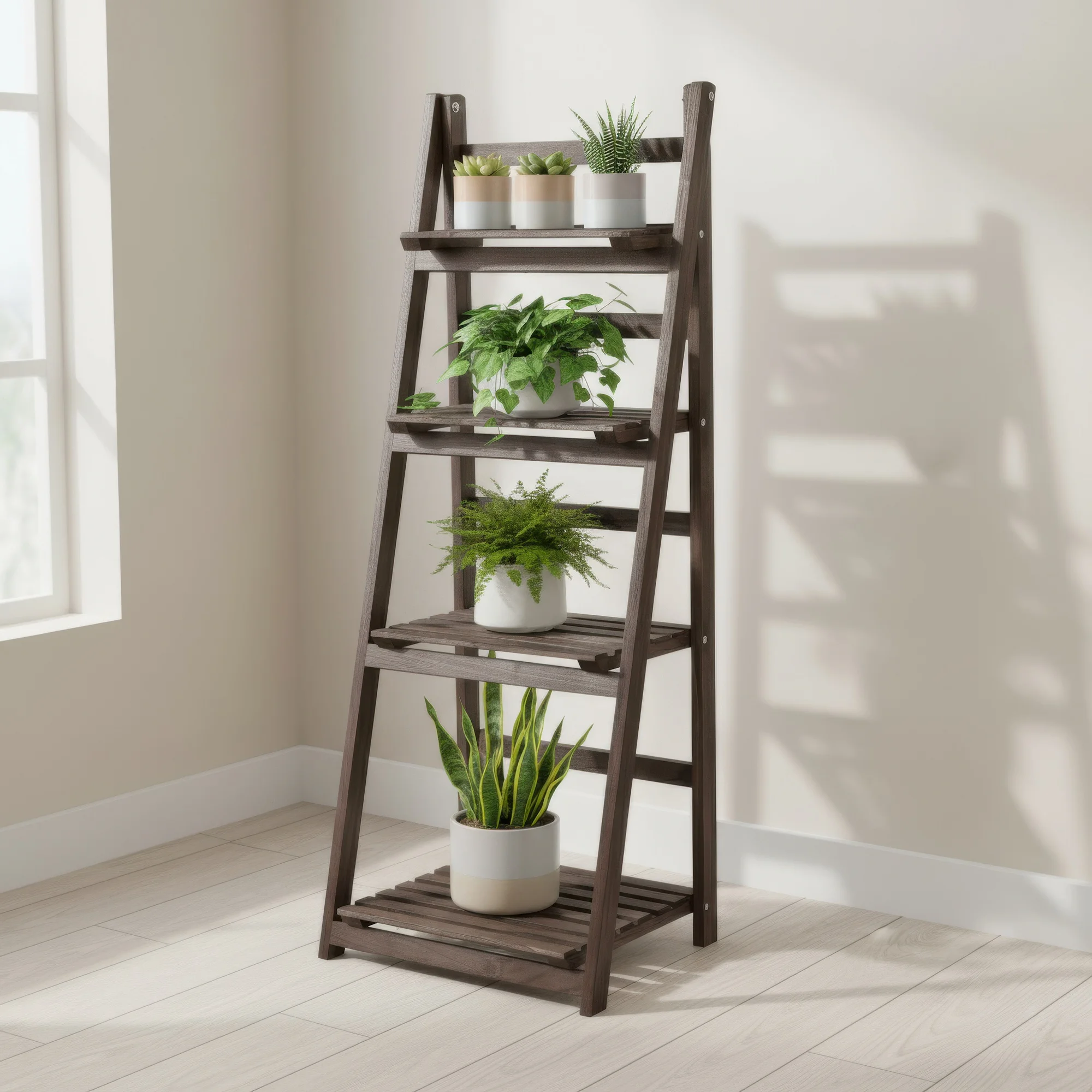 4 Tier Foldable Plant Stand Ladder Shelf Carbonized Paulownia Wood Flower Display Rack, No Assembly Vintage Corner Bookshelf Storage Organizer for Living Room Garden Balcony Patio (41x32.5x110cm)