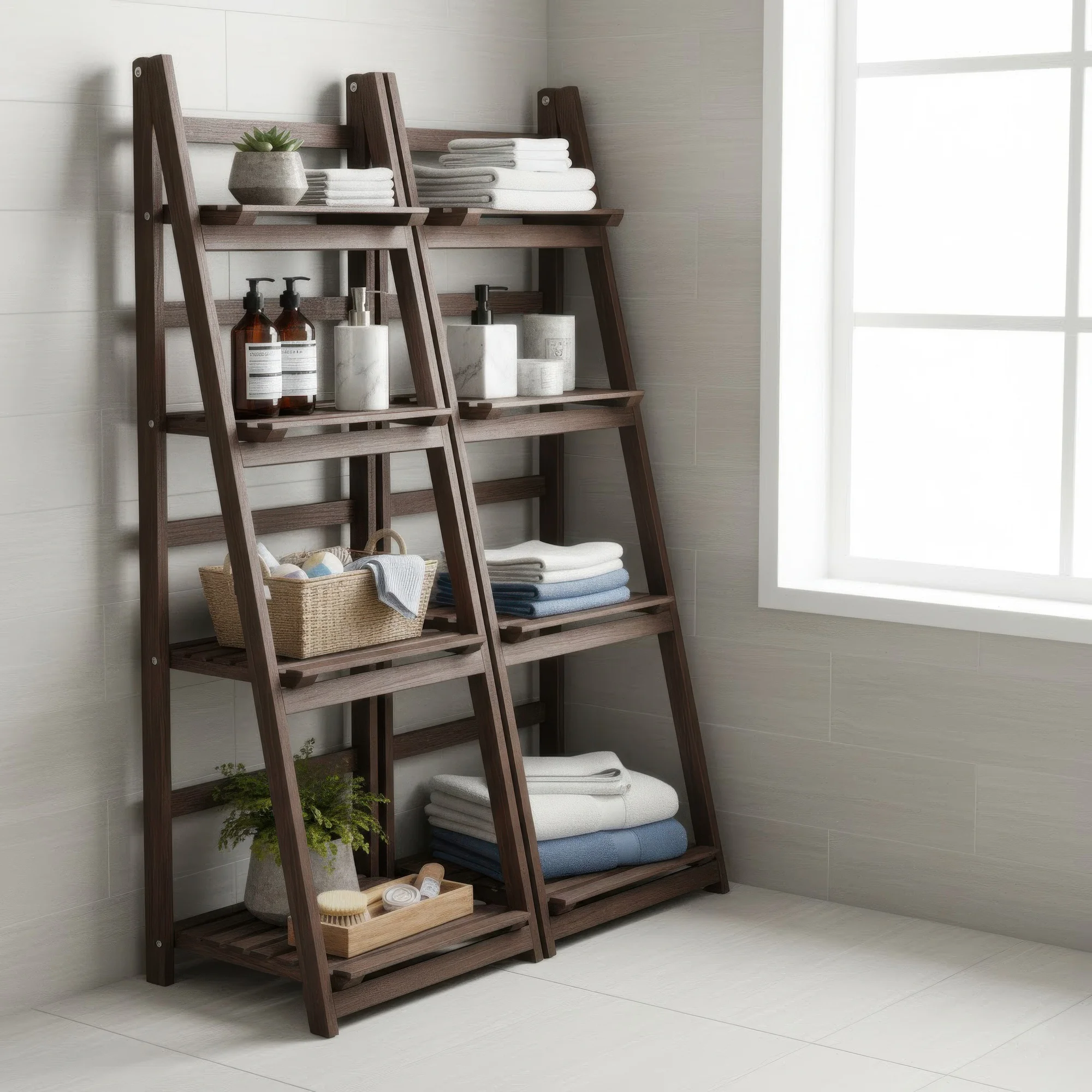 4 Tier Foldable Plant Stand Ladder Shelf Carbonized Paulownia Wood Flower Display Rack, No Assembly Vintage Corner Bookshelf Storage Organizer for Living Room Garden Balcony Patio (41x32.5x110cm)
