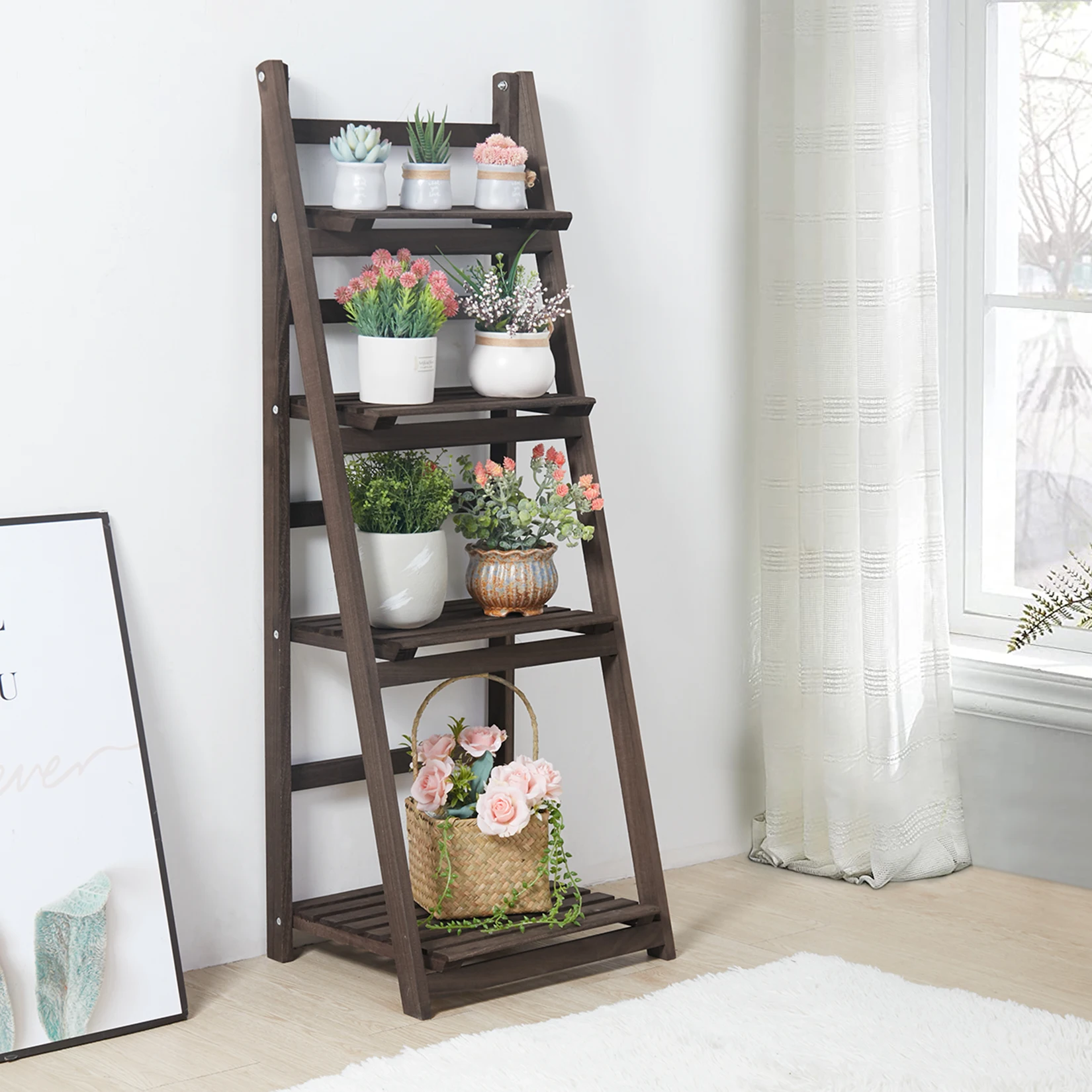 4 Tier Foldable Plant Stand Ladder Shelf Carbonized Paulownia Wood Flower Display Rack, No Assembly Vintage Corner Bookshelf Storage Organizer for Living Room Garden Balcony Patio (41x32.5x110cm)