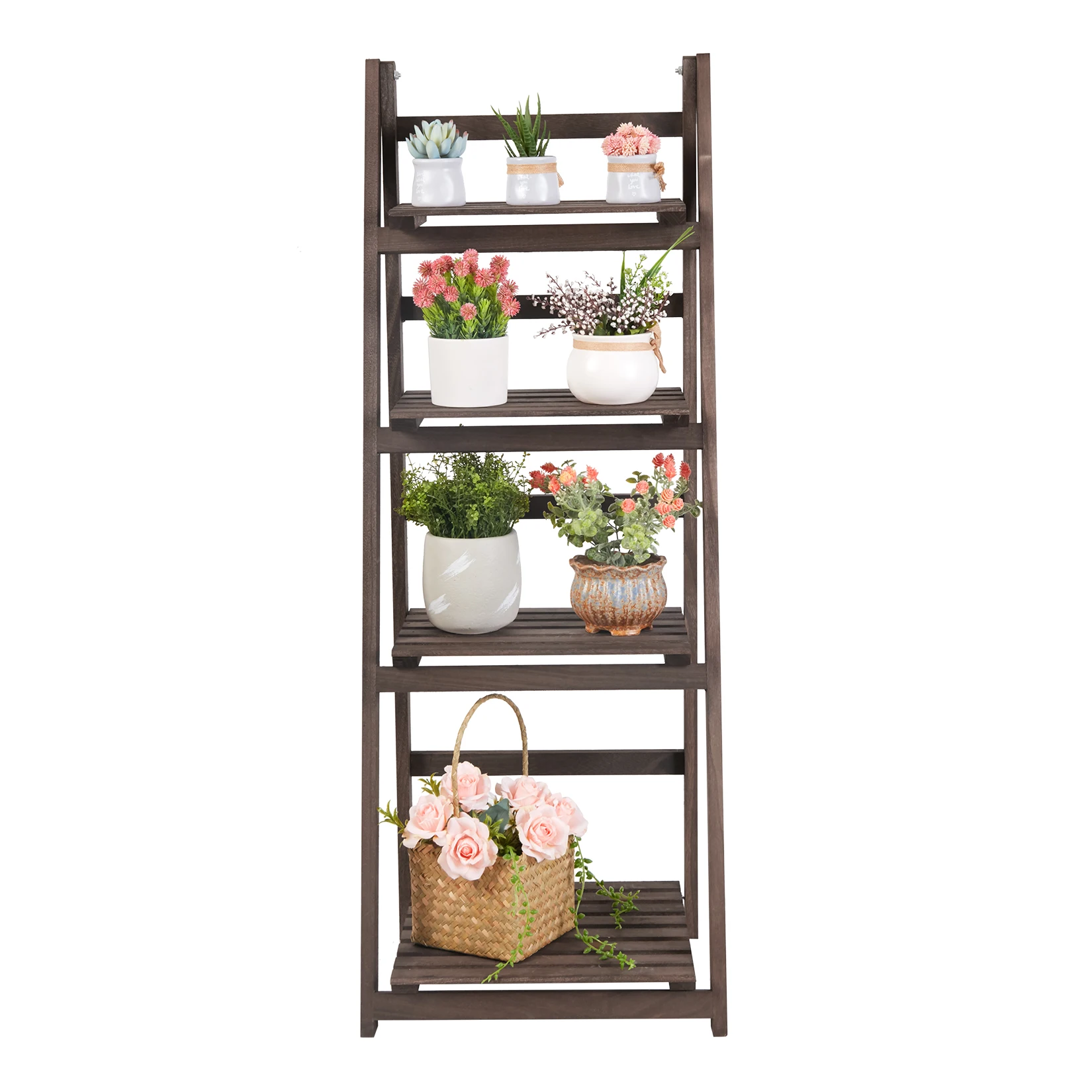 4 Tier Foldable Plant Stand Ladder Shelf Carbonized Paulownia Wood Flower Display Rack, No Assembly Vintage Corner Bookshelf Storage Organizer for Living Room Garden Balcony Patio (41x32.5x110cm)