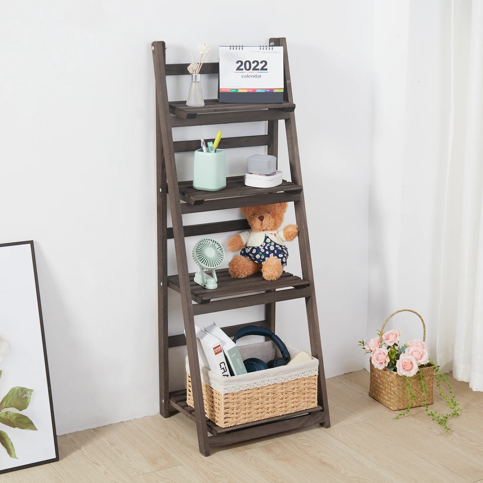 4 Tier Foldable Plant Stand Ladder Shelf Carbonized Paulownia Wood Flower Display Rack, No Assembly Vintage Corner Bookshelf Storage Organizer for Living Room Garden Balcony Patio (41x32.5x110cm)