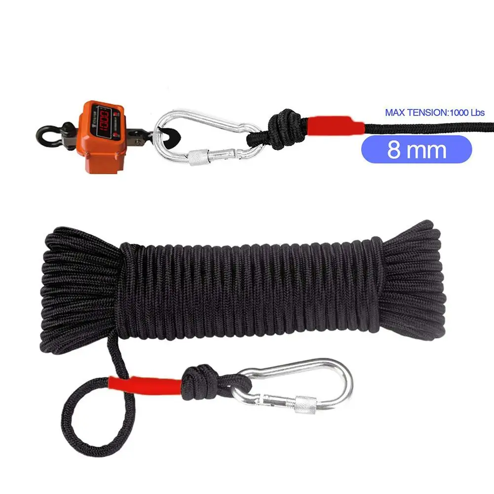 8mm Emergency Escape Rope Climbing Buckle Magnet Fishing Rope Nylon Rescue Safety Rope 20m Length For Outdoor Sports Camping