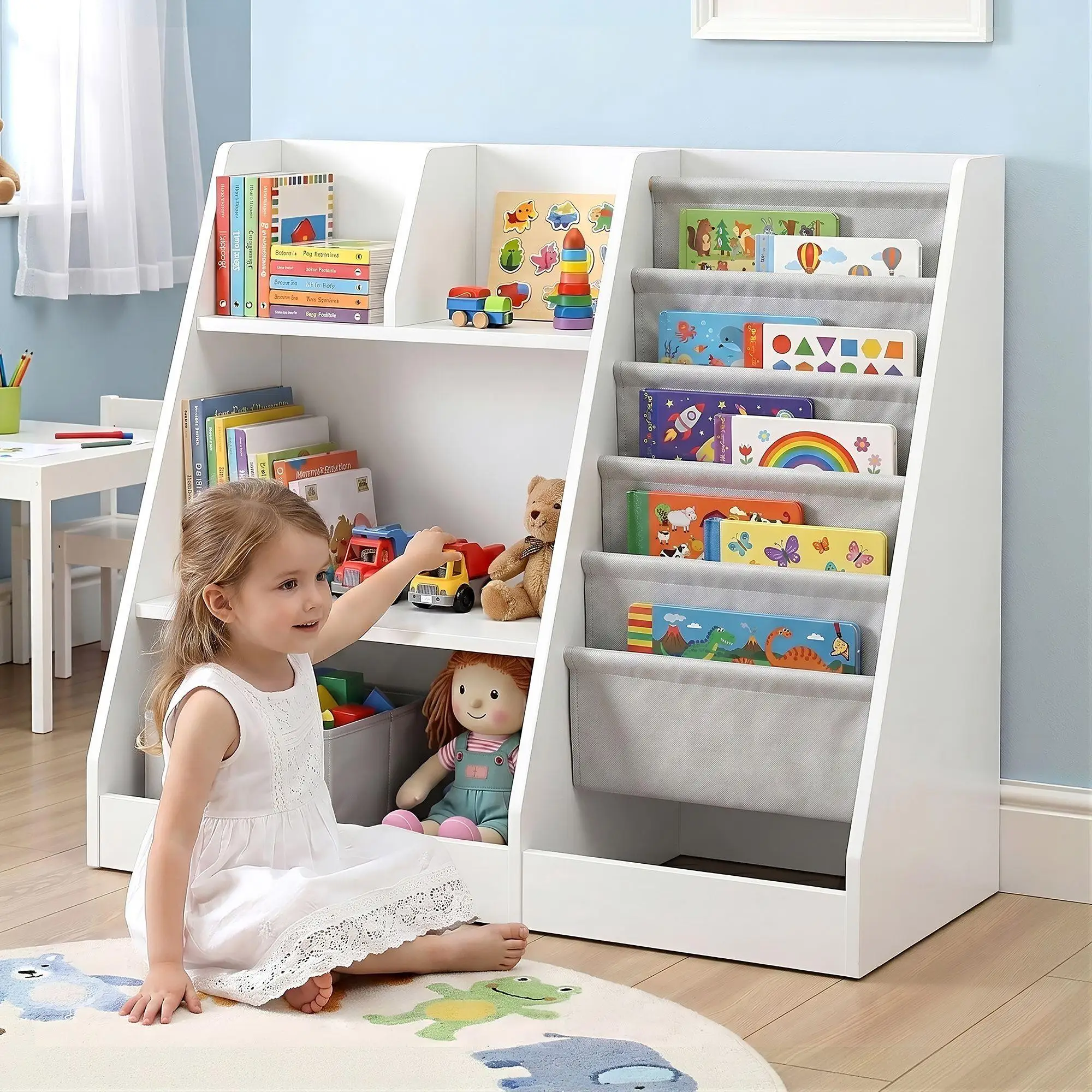 Kids Wooden Bookshelf Toddler Toy Storage Rack Display Organizer Shelf Large Capacity Bookcase for Bedroom Playroom Nursery