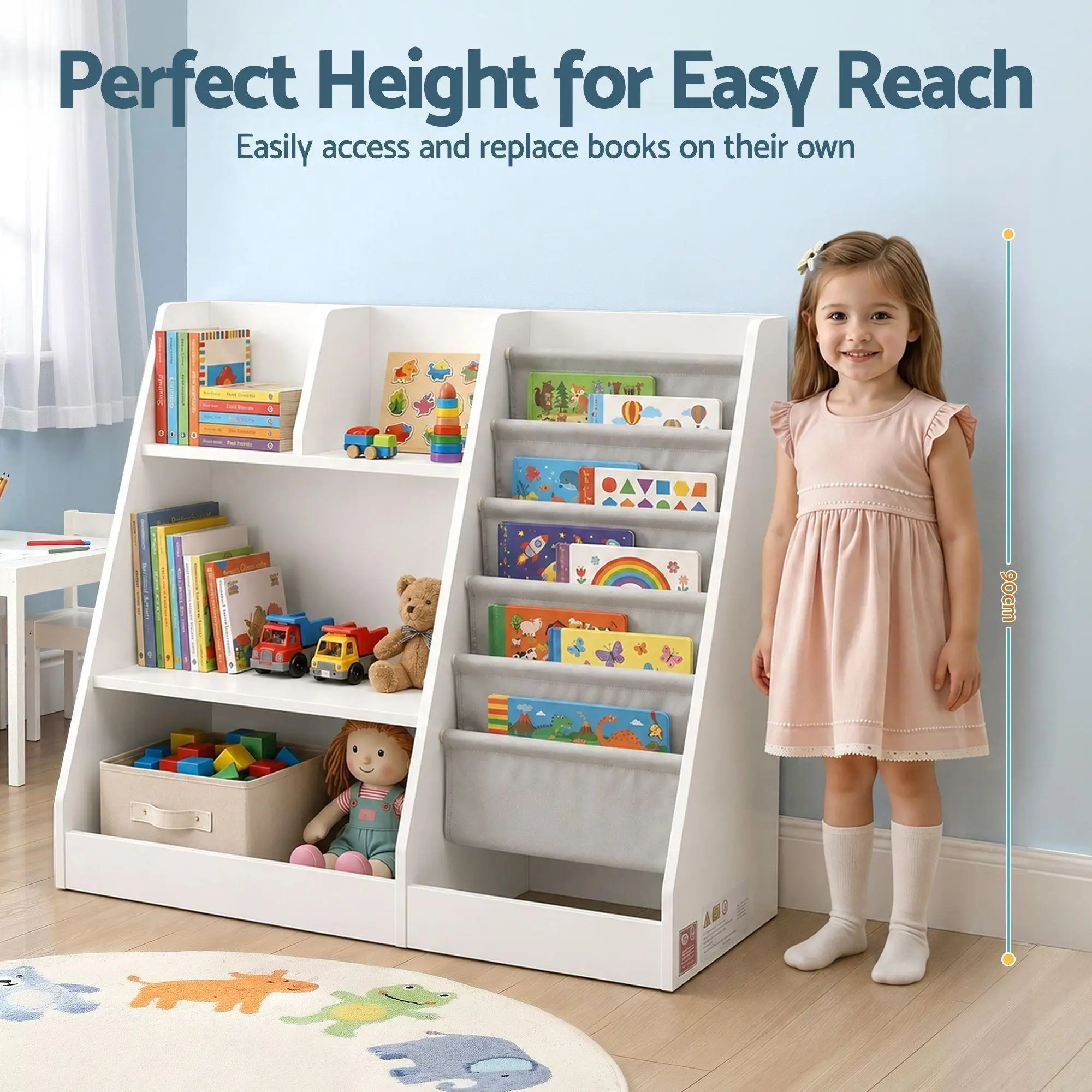 Kids Wooden Bookshelf Toddler Toy Storage Rack Display Organizer Shelf Large Capacity Bookcase for Bedroom Playroom Nursery