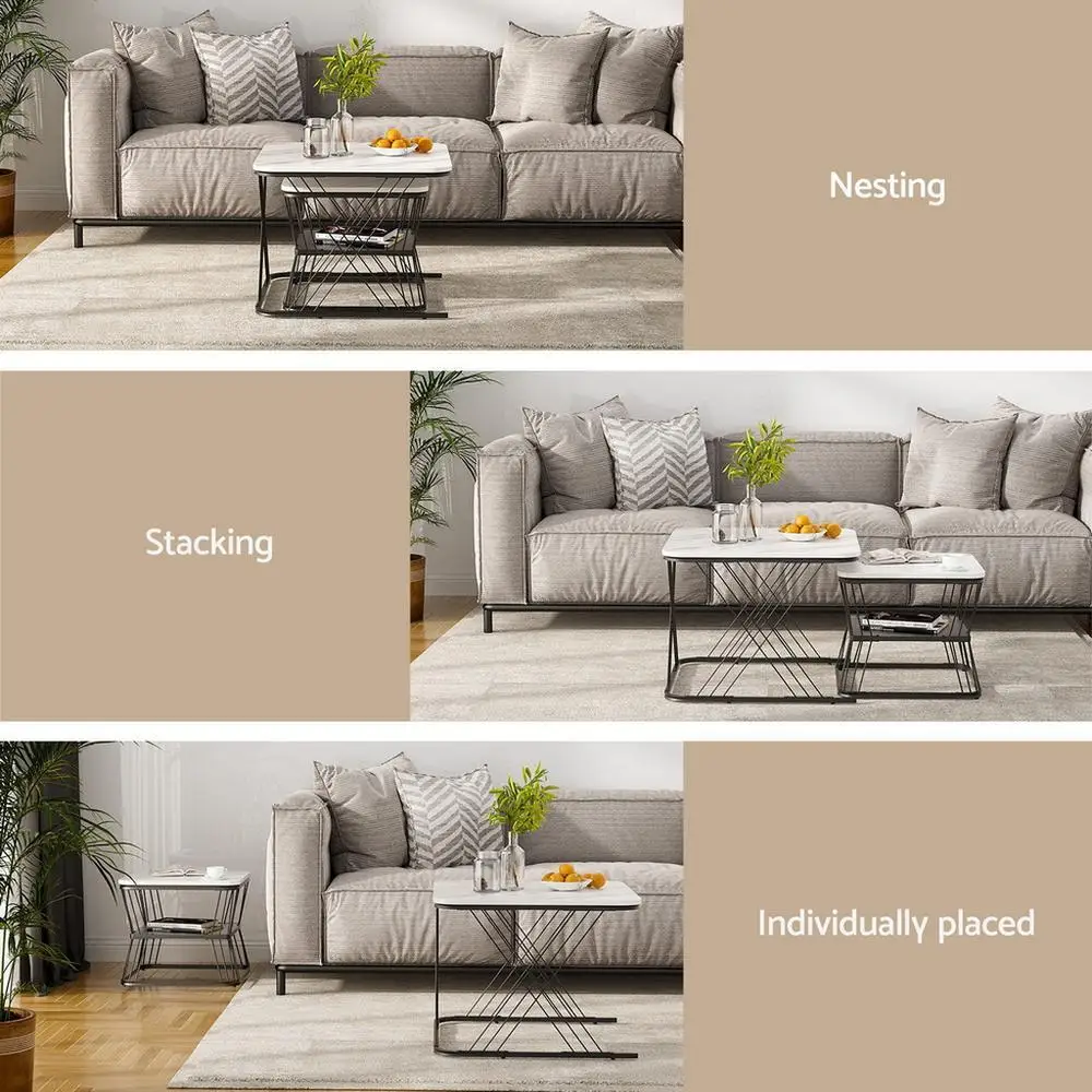 Marble Effect Nesting Coffee Table Set of 2 Modern Round Side Tables for Living Room End Table Storage Accent Furniture