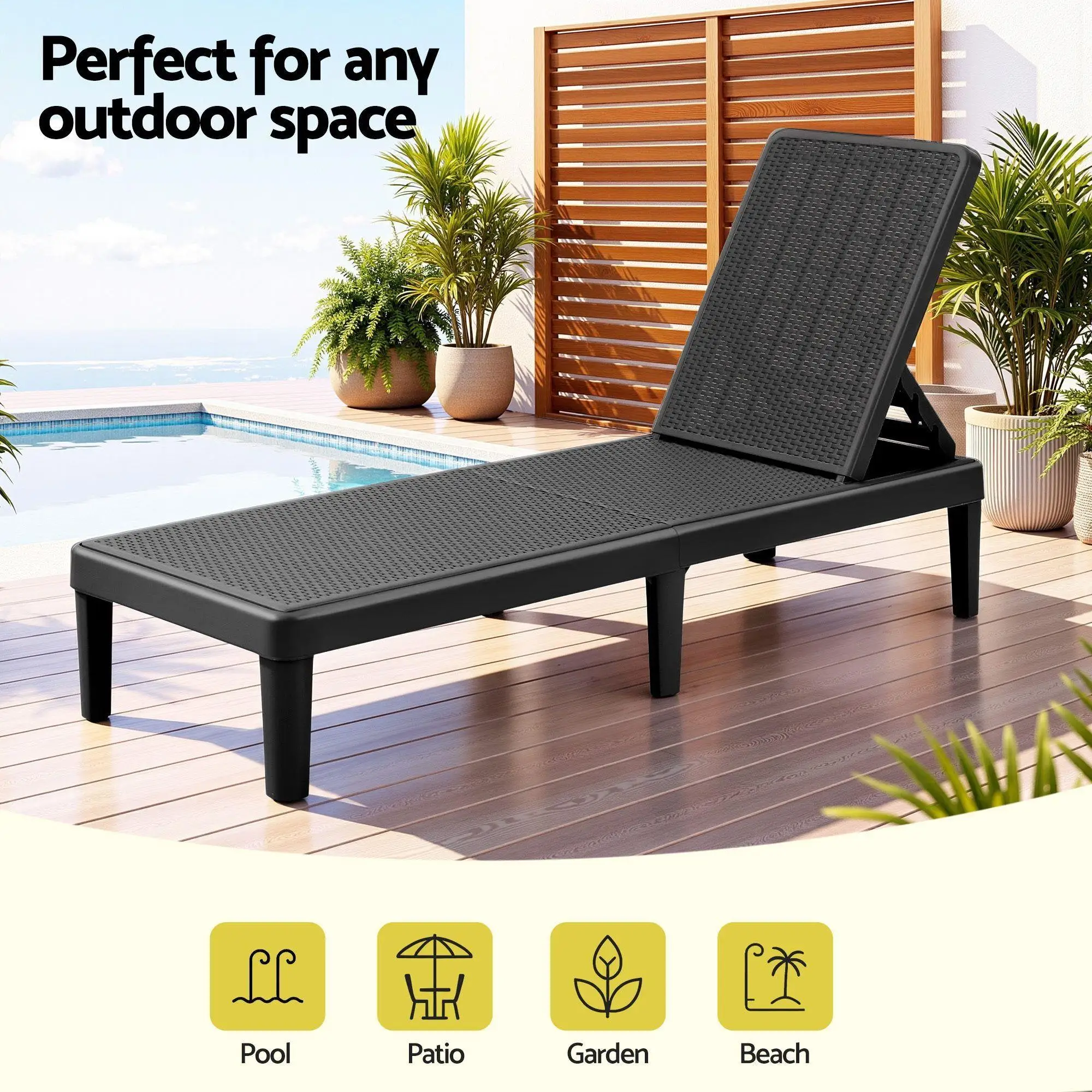 Sun Lounge Adjustable Outdoor Patio Recliner Lightweight Black Folding Chaise Chair