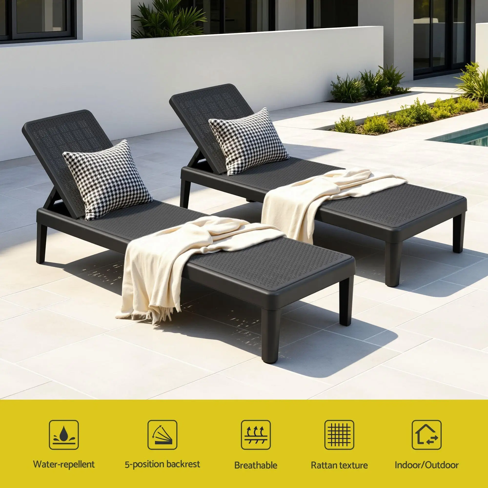 Sun Lounge Adjustable Outdoor Patio Recliner Lightweight Black Folding Chaise Chair
