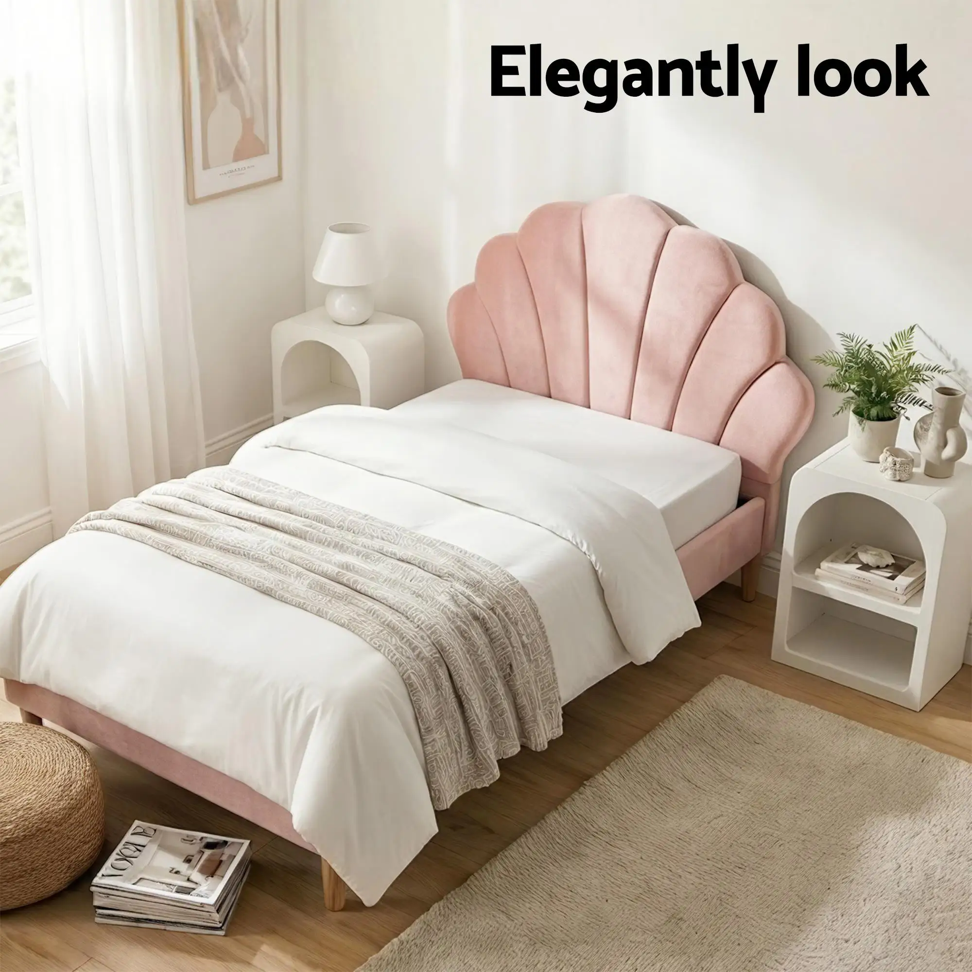 King Single Bed Frame Set with 2 Bedside Tables Scallop Headboard Pink Velvet Fabric Upholstered Bed Base Bedroom Furniture Set