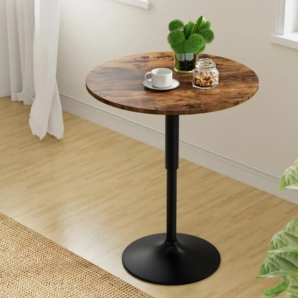 Height Adjustable 360 Swivel Round Bar Table Gas Lift 60cm Rustic Brown Black Pub Bistro Counter Table