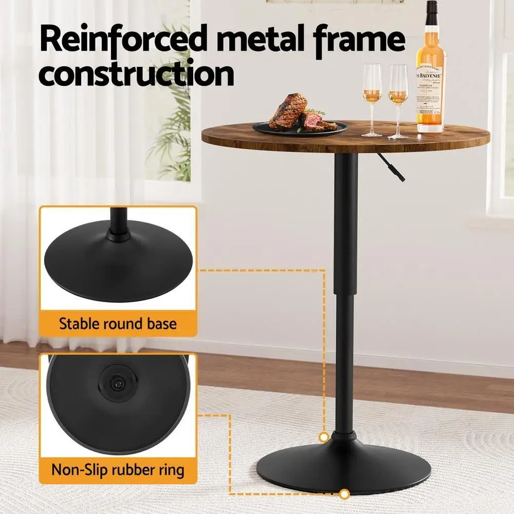 Height Adjustable 360 Swivel Round Bar Table Gas Lift 60cm Rustic Brown Black Pub Bistro Counter Table