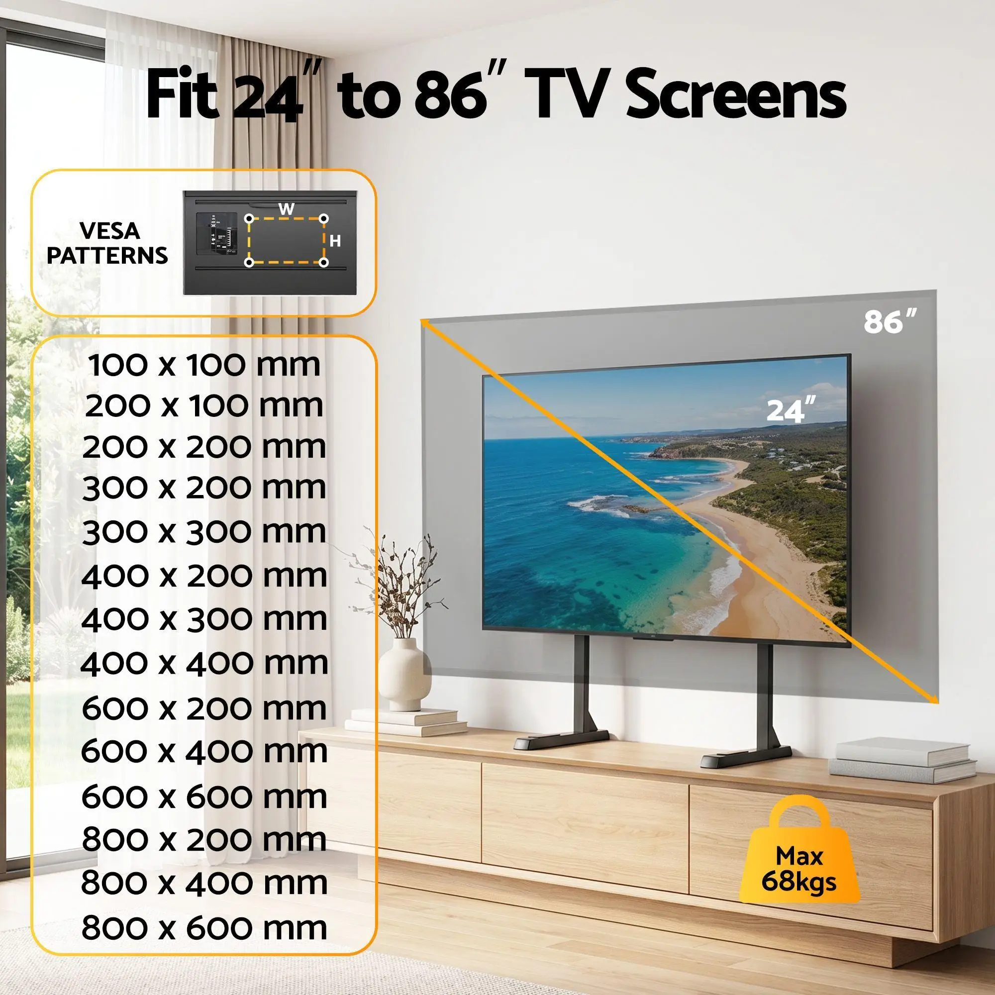 Universal TV Stand for 24 to 86 Inch TVs LED Screen Table Top Desktop Mount Adjustable Height Stable Base Compatible with Most Flat Panel TVs