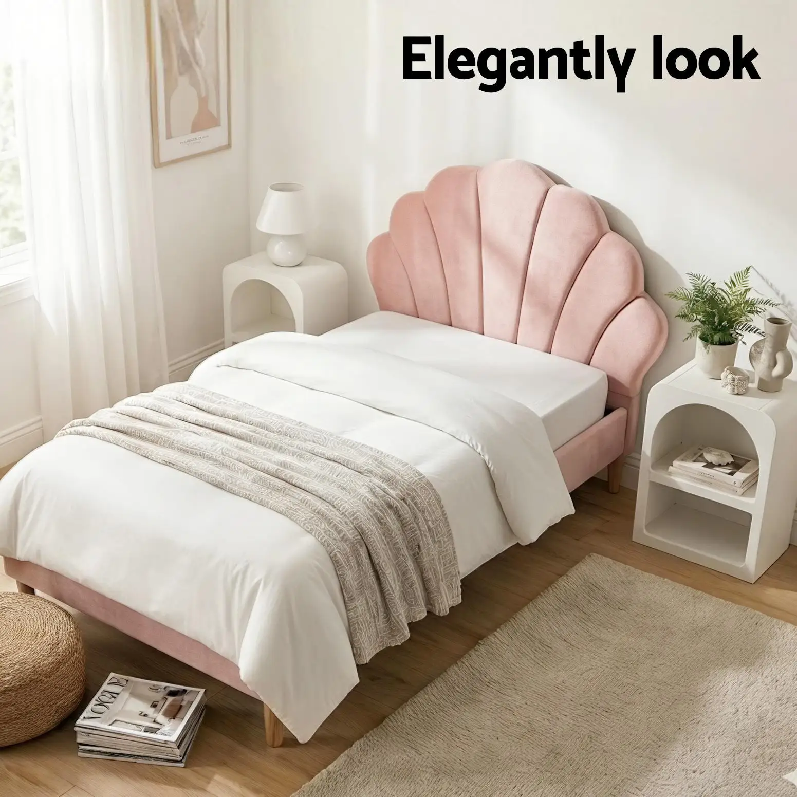 King Single Bed Frame with Bedside Table Set Scallop Headboard Pink Velvet Fabric Bed Base